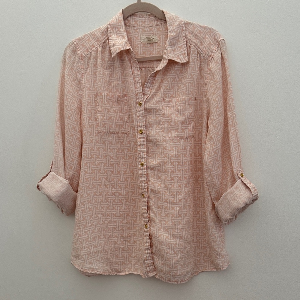 Pink Patterned 100% Linen Shirt by Charter Club Luxury
